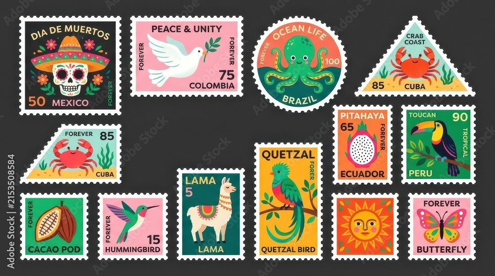 Fototapeta premium Collection of Colorful Illustrated Postage Stamps Featuring Latin American Culture, Animals, and Nature Themes