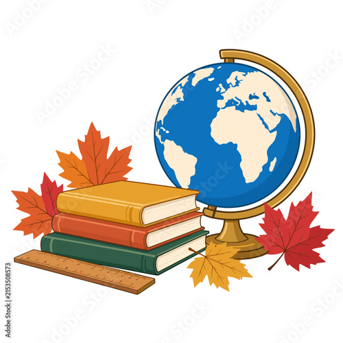 Globe and books with autumn leaves on a white background for educational concept.