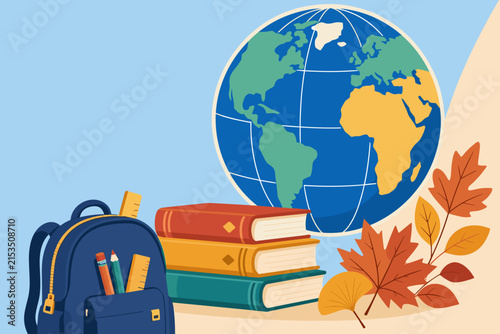 School supplies for education with a globe on a blue background and autumn leaves
