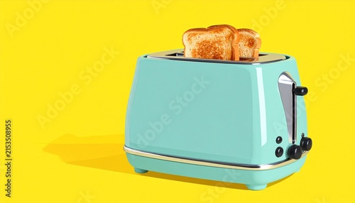Light Blue Toaster with Toasted Bread on Bright Yellow Background for Lifestyle Branding, Kitchen Inspiration, and Cheerful Visual Concepts