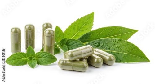 Several green capsules are arranged with fresh mint leaves on a white background. The capsules have a green powder filling and appear to have a water droplet effect.