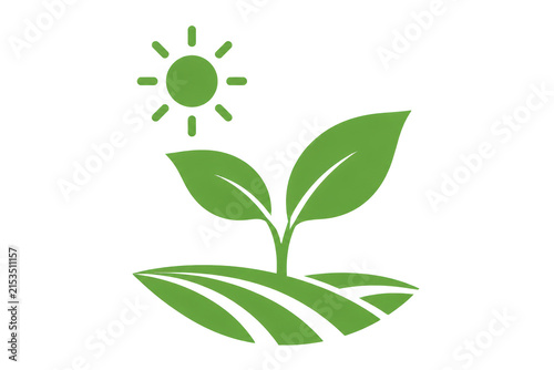 Green sprout icon with sun and field