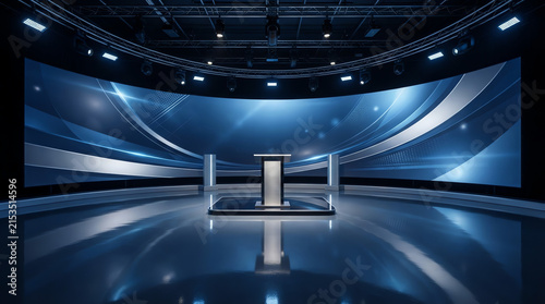 A modern television news studio features a central podium set against a glowing blue.
