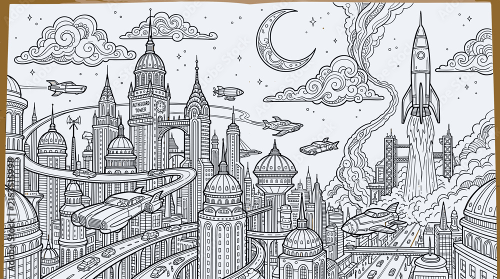 Obraz premium Retro-futuristic city skyline with flying cars, rockets, and a crescent moon, detailed line art illustration