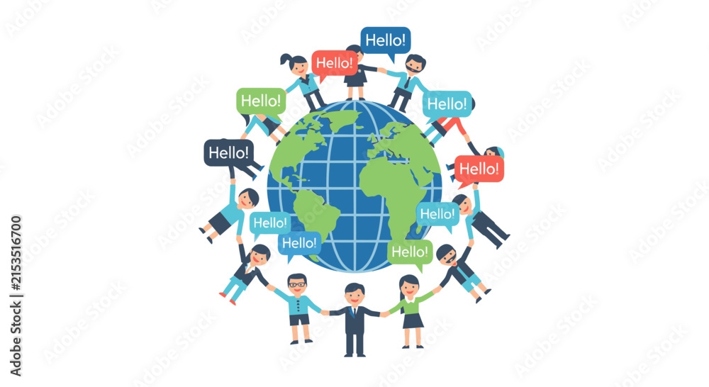 Fototapeta premium Global Community Illustration: Diverse People Holding Hands Around Earth with Hello Speech Bubbles, Representing International Unity and Communication