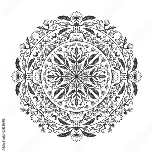Black and white floral mandala circular pattern design on white background