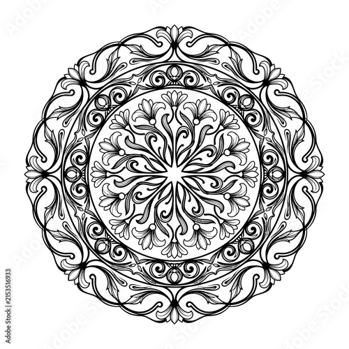Black and white floral mandala circular pattern with intricate ornament