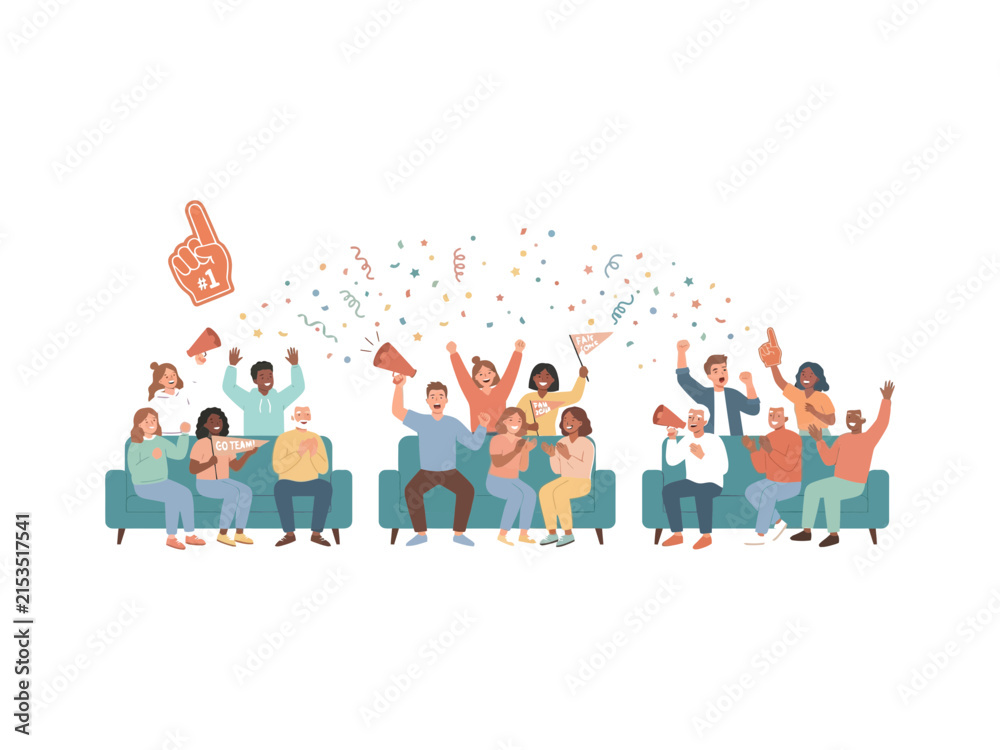 Fototapeta premium Diverse group of cheering sports fans celebrating with megaphones, foam fingers and confetti vector illustration