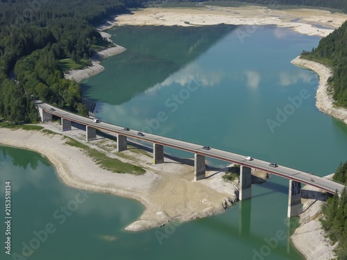 Mountain lake, mountains, reflection, sunny, summer, drought, low water, drought, bridge, road, cars, aerial view, August 2026, Sylvenstein Dam, Sylvensteinsee, Isar, Lenggries, Bavarian Alps, Bavaria, Germany