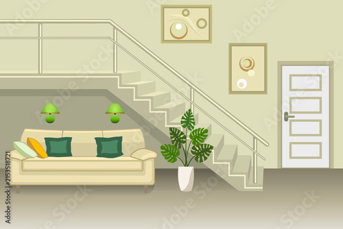 Modern minimalist living room interior with a beige sofa, green pillows, indoor monstera plant, staircase with metal railings leading upstairs, entrance door, and abstract wall art decorations style. 