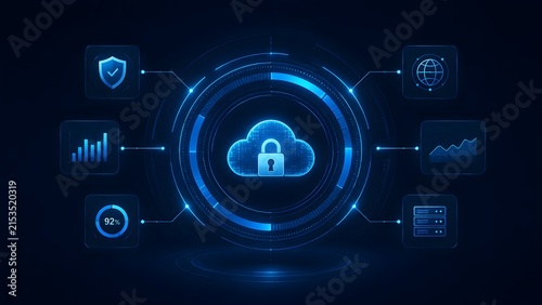 Digital cloud security dashboard with glowing padlock, data charts, and network icons. Concept of global cybersecurity, server monitoring, and data protection.
