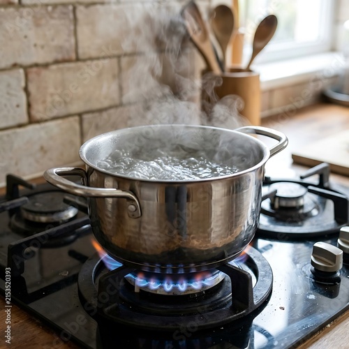 A stainless steel pot with boiling water on a gas stove