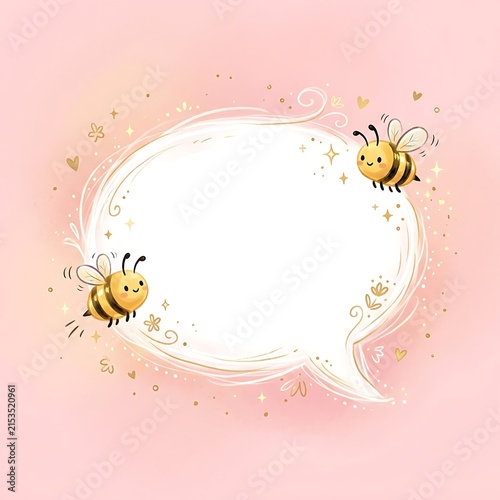 Cute speech bubble frame with two friendly bees on a soft pink background