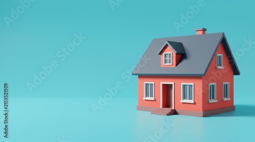 Coral Red Minimalist 3D House Model on Turquoise Background with Large Left Copy Space for Real Estate, Dream Home, Property Investment and Housing Concept