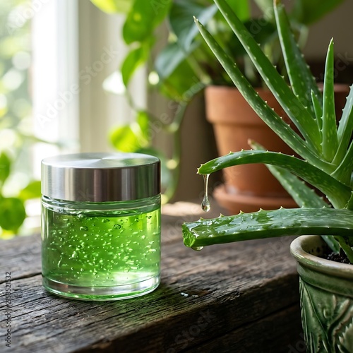 Aloe vera gel in a glass jar next to a fresh aloe plant