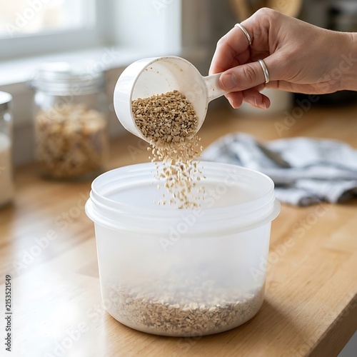 Person pouring oats with measuring scoop into plastic container