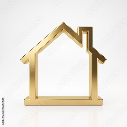 Premium Golden 3D House Outline with Empty Interior Copy Space on White Background for Real Estate, Property Investment, Mortgage and Home Ownership Concept