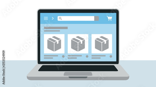Laptop displaying an online shopping website with product boxes and a shopping cart icon