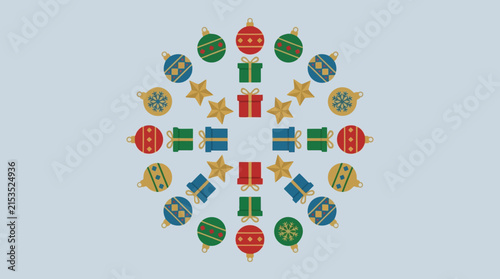 Christmas ornaments and gifts arranged in a circular pattern with gold stars on a light blue background
