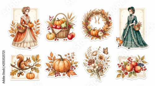 Autumn harvest, vintageclipart collection, sticker set, Victorian dresses, wicker baskets, seasonal abundance, fall wreath, woodland animals, rustic charm, nature celebration, autumnal decor