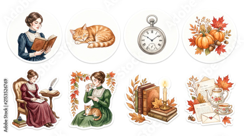Vintage autumn illustrations, Victorian era, reading, tea time, cat, pocket watch, pumpkins, letter writing, candles, cozy atmosphere, literature, nostalgic fall, seasonal decor, artistic details
