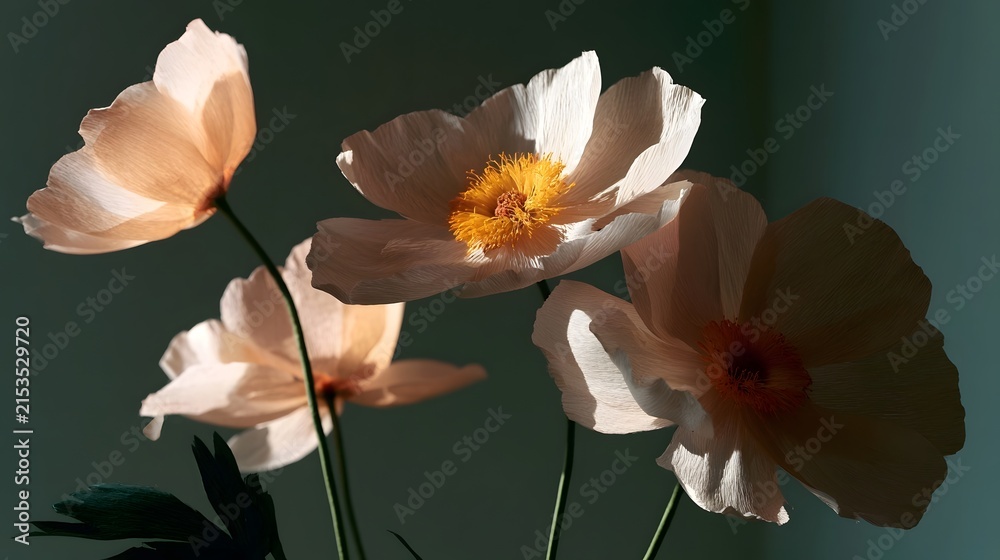 Fototapeta premium Delicate peach colored paper flowers with golden centers arranged against a muted green backdrop under soft side lighting