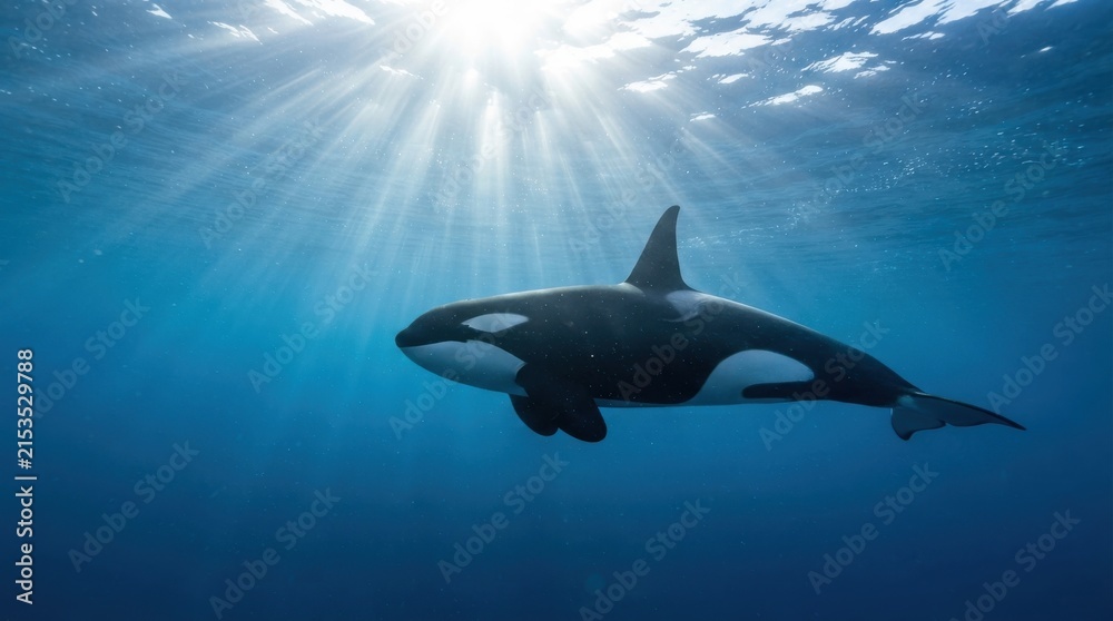 Fototapeta premium Orca whale swimming underwater with sunlight rays