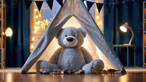 Cozy teddy bear sitting inside a checkered play tent with toy trucks and dinosaurs