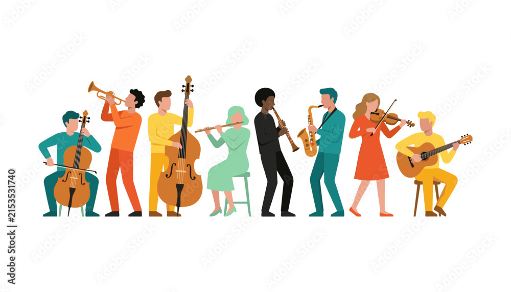 Obraz premium Diverse Musicians and Orchestral Band Vector Set with Flat Characters Playing Cello Trumpet Double Bass Flute Oboe Saxophone Violin and Acoustic Guitar Isolated on White Background
