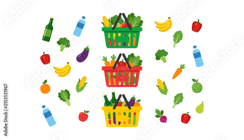 Foto Grocery Shopping Basket Vector Set with Colorful Plastic Baskets Full of Fresh V