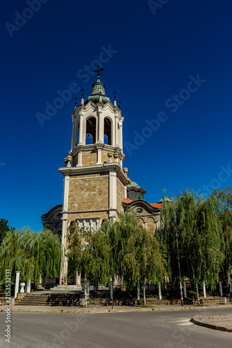 Large building of Saint Trinity church with bell tower on the top, Svishtov, Bulgaria