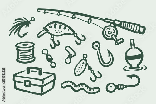 Bild auf Leinwand Fishing Tackle Doodle Set Illustration