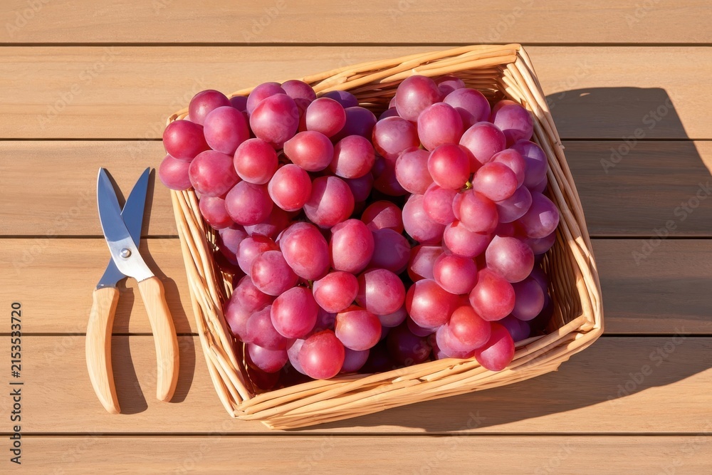 Obraz premium Overhead flat lay of freshly harvested red grape bunches in wicker basket with pruning shears on wooden surface