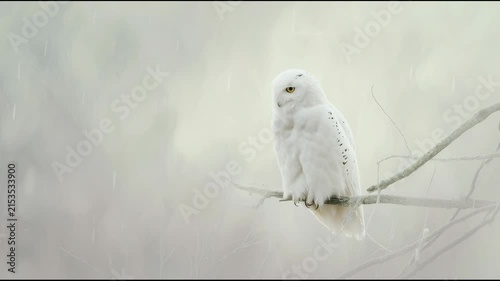 A snowy owl perches on a snow-covered branch during a snowfall. This majestic bird with bright yellow eyes stands in a foggy winter forest, an atmospheric portrait of wildlife.