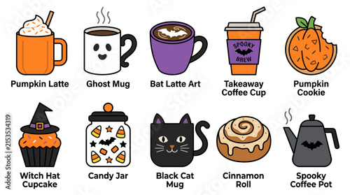 Set of cute Halloween themed food and drink icons with spooky character designs.