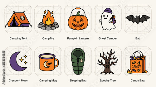 Set of Halloween themed camping and outdoor adventure icons in a flat vector style.