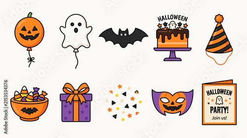 Set of cute Halloween party icons and design elements for festive holiday decorations.