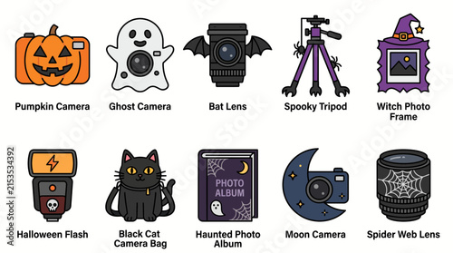 Set of ten creative Halloween themed photography equipment icons and accessories.