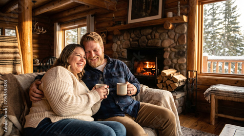 A couple in a mountain cabin. Medium front shot. A plus-size couple in a mountain chalet. A concept of inclusive winter romance and body positivity. A full-figured couple.