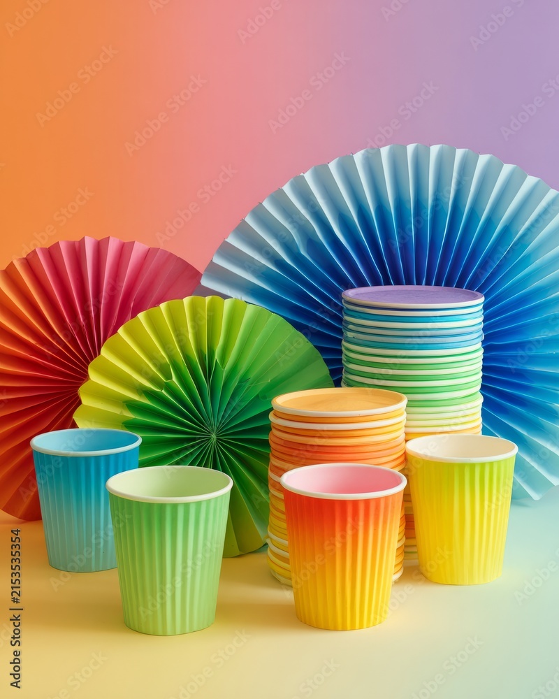 Obraz premium Colorful paper fans and disposable party cups stacked for celebration