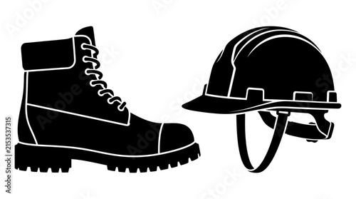 Work boot and hard hat depicted as a black silhouette