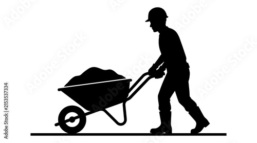 Worker pushing wheelbarrow black silhouette against white background