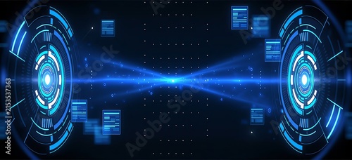Symmetrical futuristic digital interface with glowing blue concentric circles and data panels background