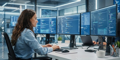 Woman in light blue shirt coding on multiple monitors in a modern office computer desk
