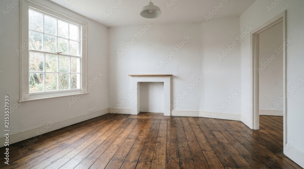 Fototapeta premium Empty room with hardwood floor and fireplace