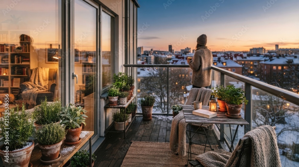 Fototapeta premium Woman relaxing on balcony with city view at winter sunset