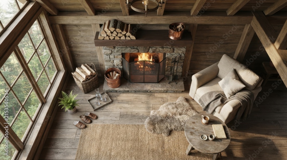 Obraz premium Cozy rustic living room interior with fireplace and armchair