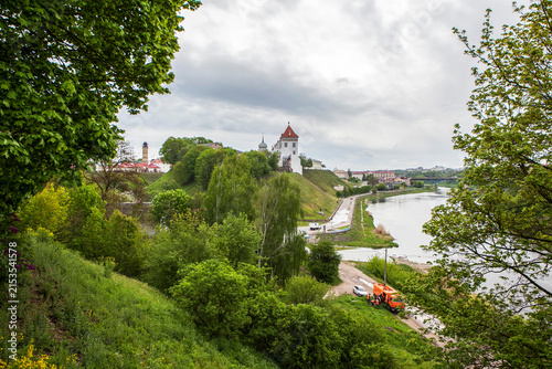 Picturesque landscape with the Old Castle, fire tower, Gorodnichanka River and Neman River. Grodno. Republic of Belarus