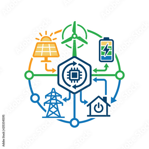 A circular diagram showing renewable energy and smart grid technology