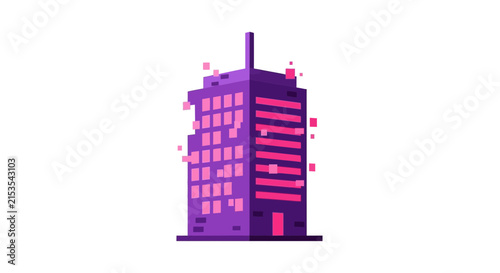 Cyberpunk Pixel Art Skyscraper, Retro 8-Bit Digital Building for Metaverse and Tech Branding